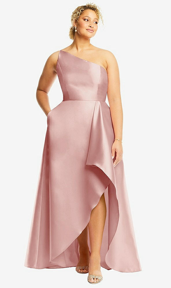 Front View - Rose One-Shoulder Satin Gown with Draped Front Slit and Pockets