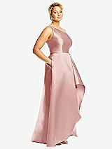 Side View Thumbnail - Rose One-Shoulder Satin Gown with Draped Front Slit and Pockets