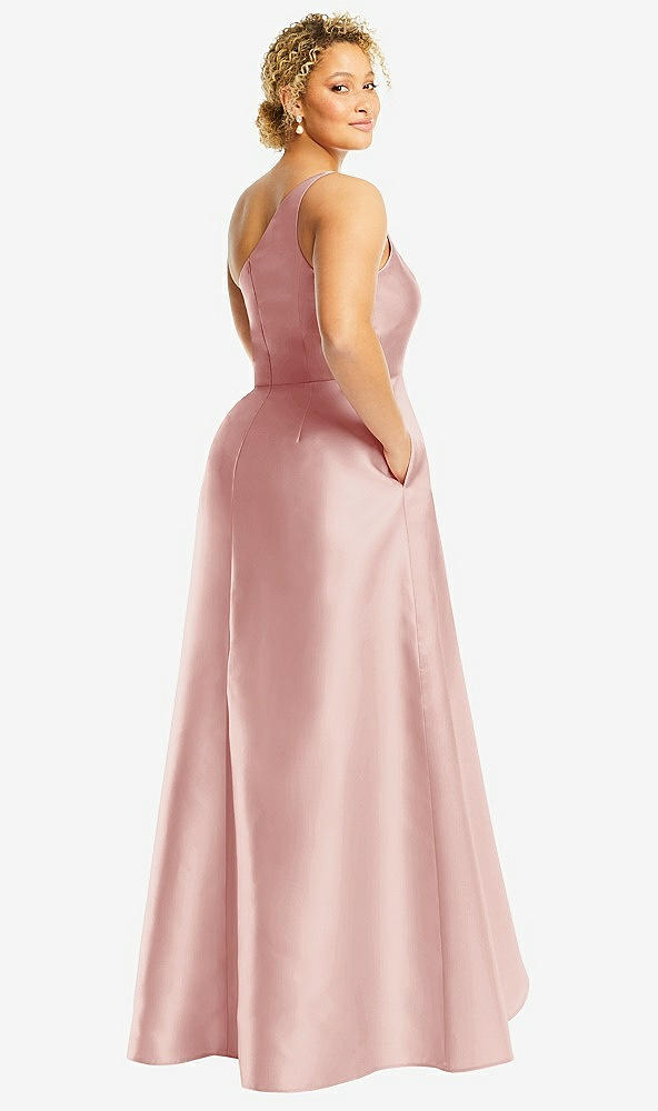 Back View - Rose One-Shoulder Satin Gown with Draped Front Slit and Pockets