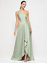 Alt View 4 Thumbnail - Sage One-Shoulder Satin Gown with Draped Front Slit and Pockets