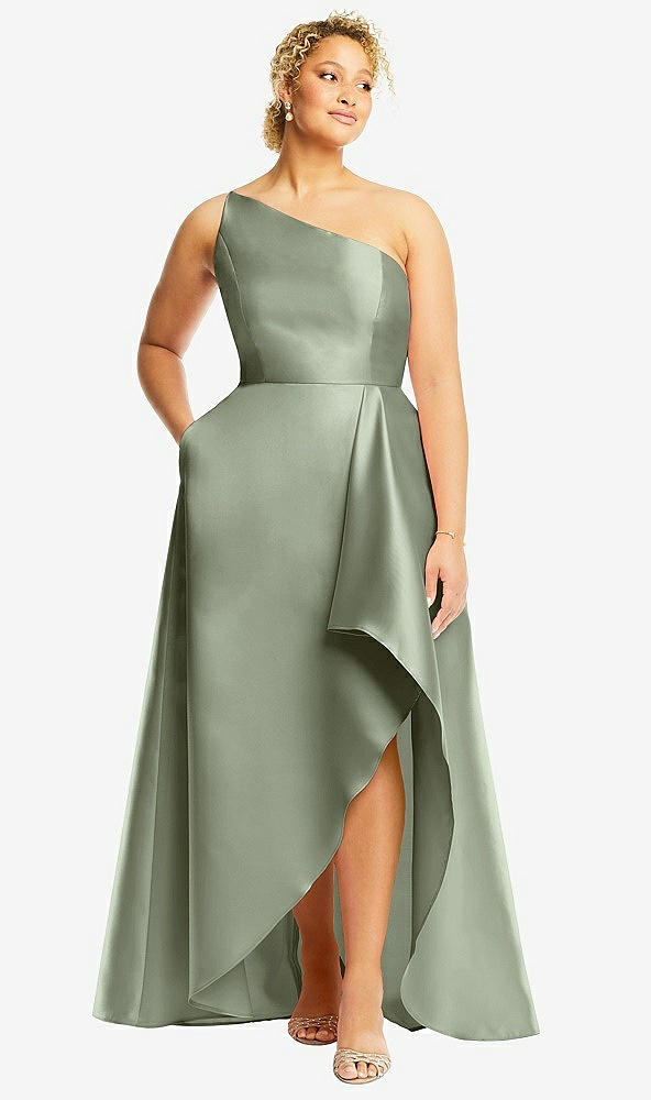 Front View - Sage One-Shoulder Satin Gown with Draped Front Slit and Pockets