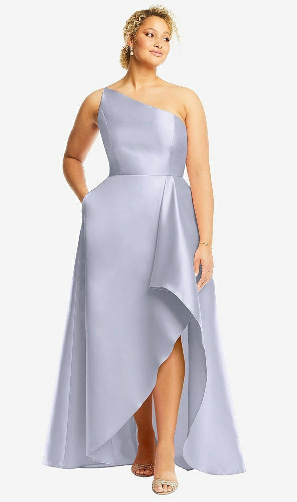 Front View - Silver Dove One-Shoulder Satin Gown with Draped Front Slit and Pockets
