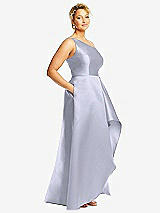 Side View Thumbnail - Silver Dove One-Shoulder Satin Gown with Draped Front Slit and Pockets