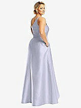 Rear View Thumbnail - Silver Dove One-Shoulder Satin Gown with Draped Front Slit and Pockets