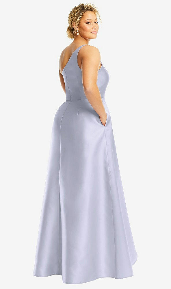 Back View - Silver Dove One-Shoulder Satin Gown with Draped Front Slit and Pockets