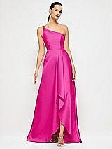 Alt View 4 Thumbnail - Think Pink One-Shoulder Satin Gown with Draped Front Slit and Pockets