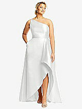 Front View Thumbnail - White One-Shoulder Satin Gown with Draped Front Slit and Pockets