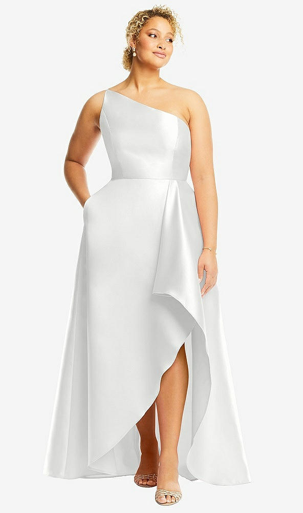 Front View - White One-Shoulder Satin Gown with Draped Front Slit and Pockets