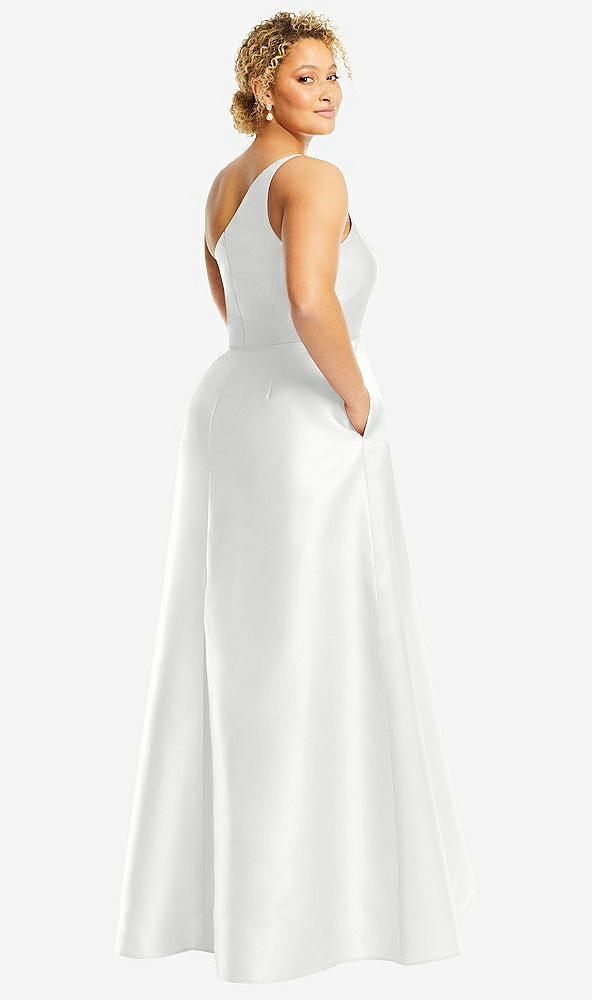 Back View - White One-Shoulder Satin Gown with Draped Front Slit and Pockets