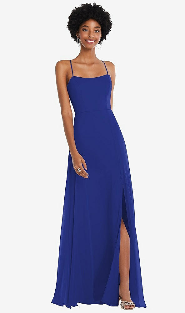 Front View - Cobalt Blue Scoop Neck Convertible Tie-Strap Maxi Dress with Front Slit