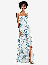 Front View Thumbnail - Cottage Rose Dusk Blue Scoop Neck Convertible Tie-Strap Maxi Dress with Front Slit