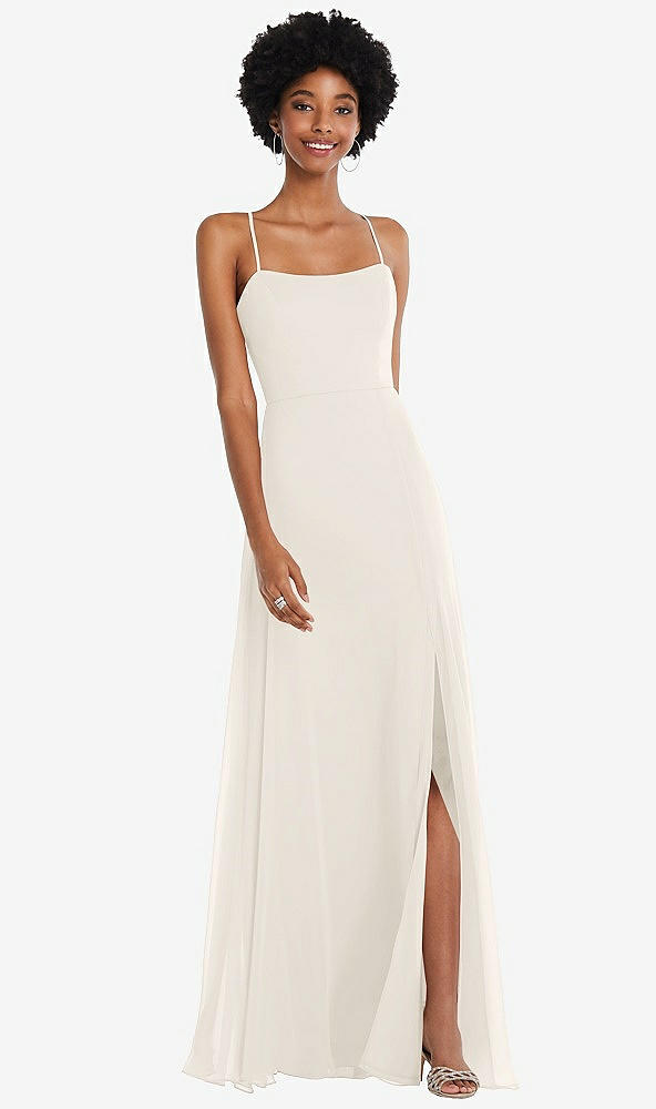Front View - Ivory Scoop Neck Convertible Tie-Strap Maxi Dress with Front Slit