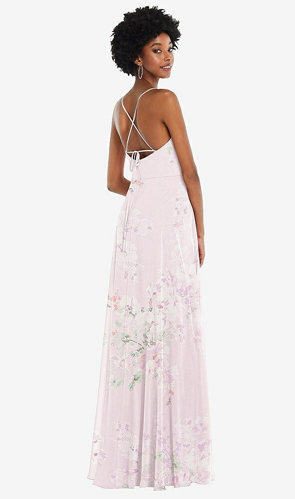 Back View - Watercolor Print Scoop Neck Convertible Tie-Strap Maxi Dress with Front Slit