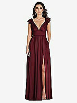 Front View Thumbnail - Cabernet Deep V-Neck Ruffle Cap Sleeve Maxi Dress with Convertible Straps