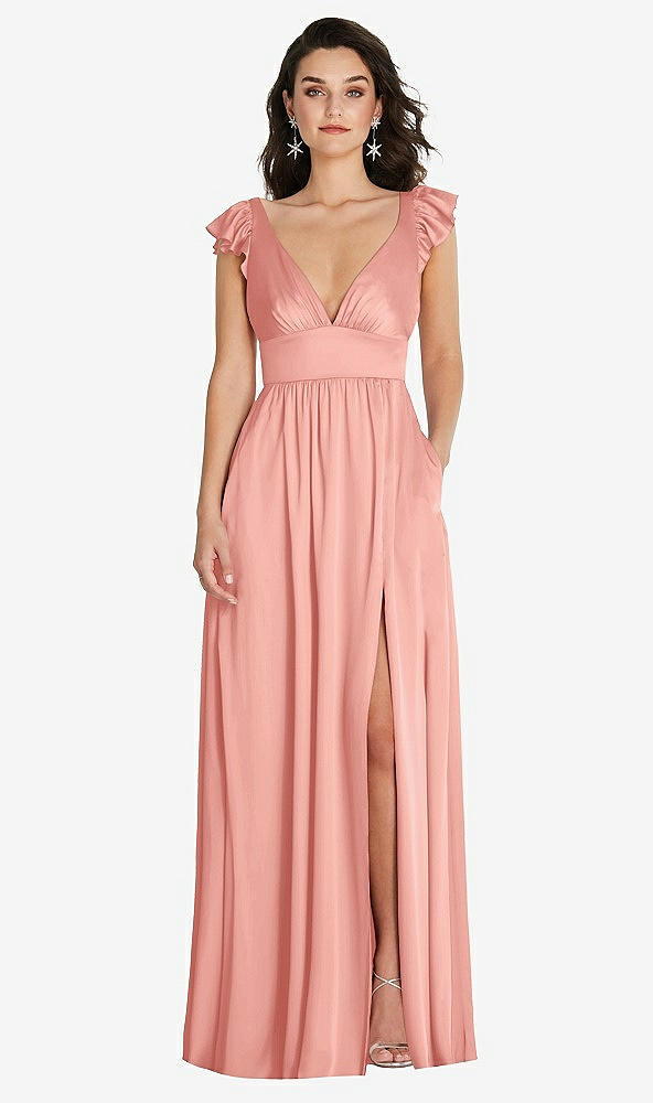 Front View - Rose Deep V-Neck Ruffle Cap Sleeve Maxi Dress with Convertible Straps