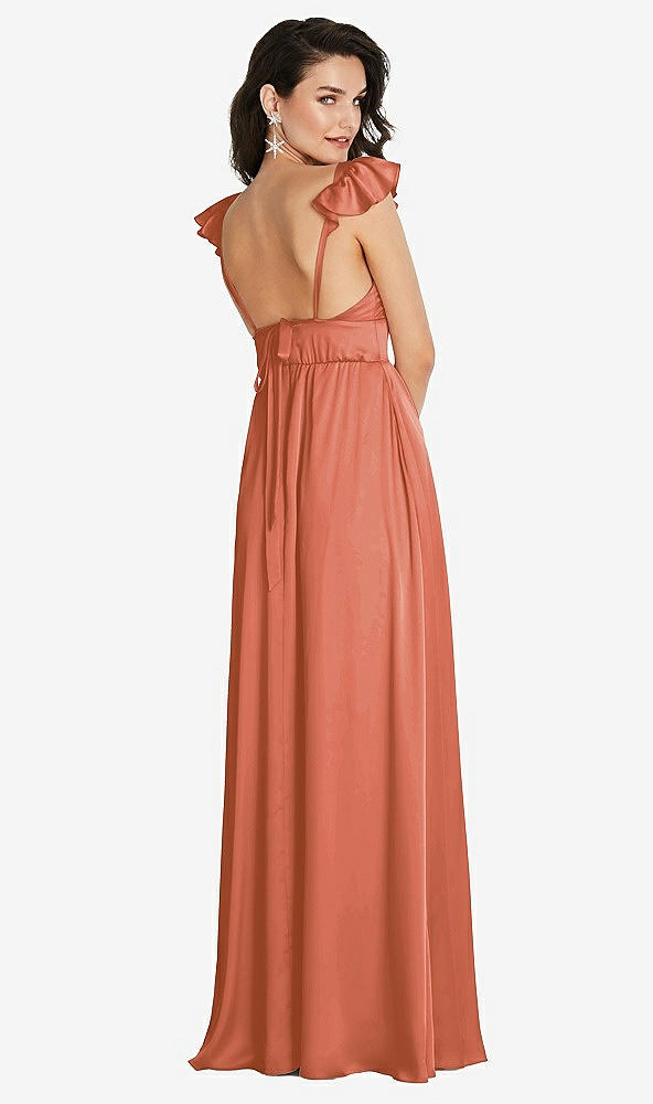 Back View - Terracotta Copper Deep V-Neck Ruffle Cap Sleeve Maxi Dress with Convertible Straps