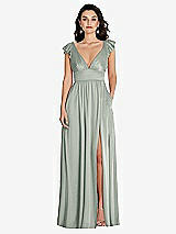 Front View Thumbnail - Willow Green Deep V-Neck Ruffle Cap Sleeve Maxi Dress with Convertible Straps