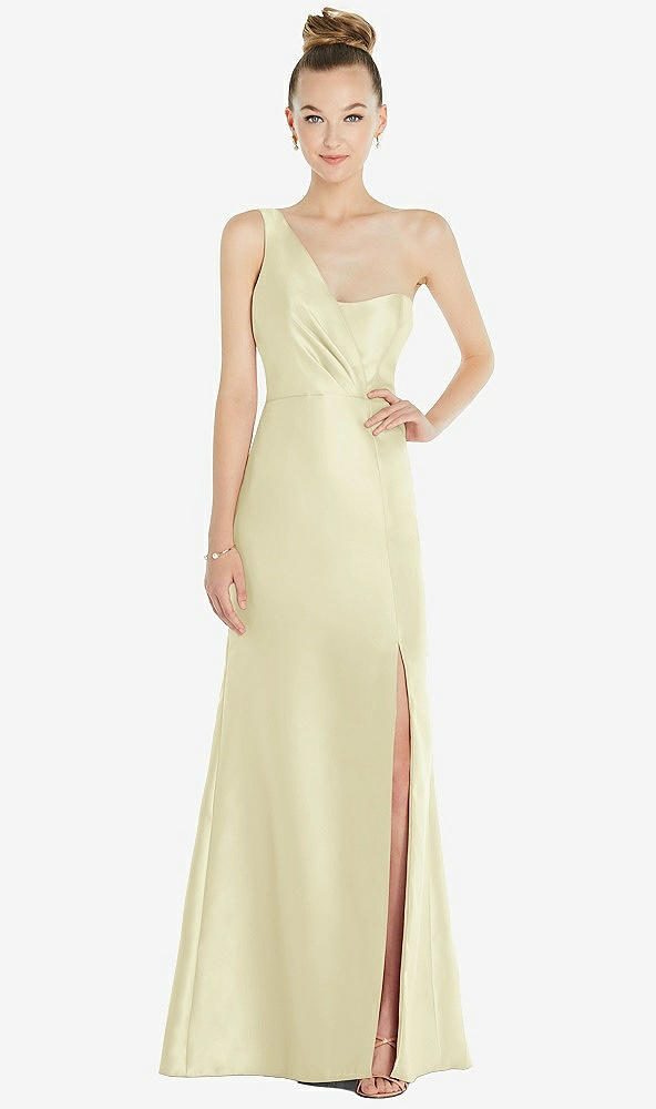 Front View - Butter Yellow Draped One-Shoulder Satin Trumpet Gown with Front Slit