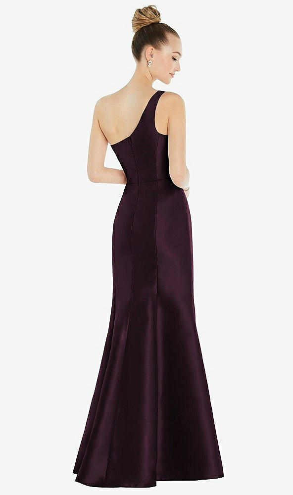 Back View - Deep Plum Draped One-Shoulder Satin Trumpet Gown with Front Slit