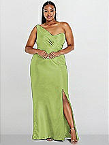 Alt View 1 Thumbnail - Mojito Draped One-Shoulder Satin Trumpet Gown with Front Slit