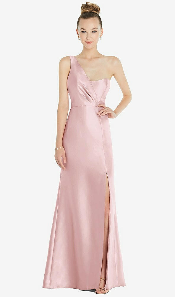 Front View - Ballet Pink Draped One-Shoulder Satin Trumpet Gown with Front Slit