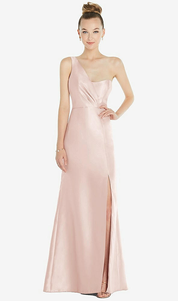 Front View - Blush Draped One-Shoulder Satin Trumpet Gown with Front Slit