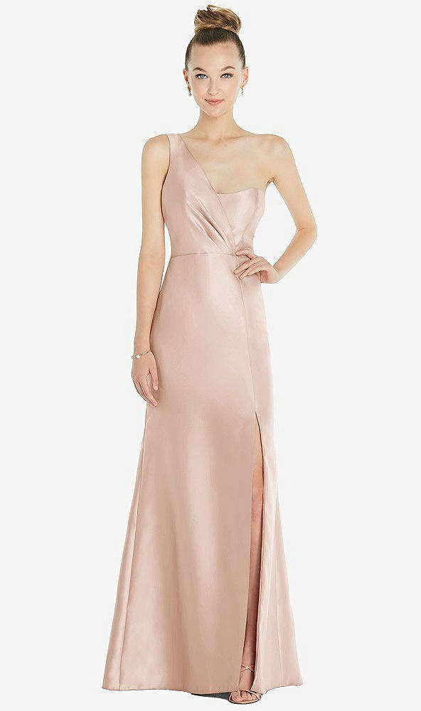 Front View - Cameo Draped One-Shoulder Satin Trumpet Gown with Front Slit