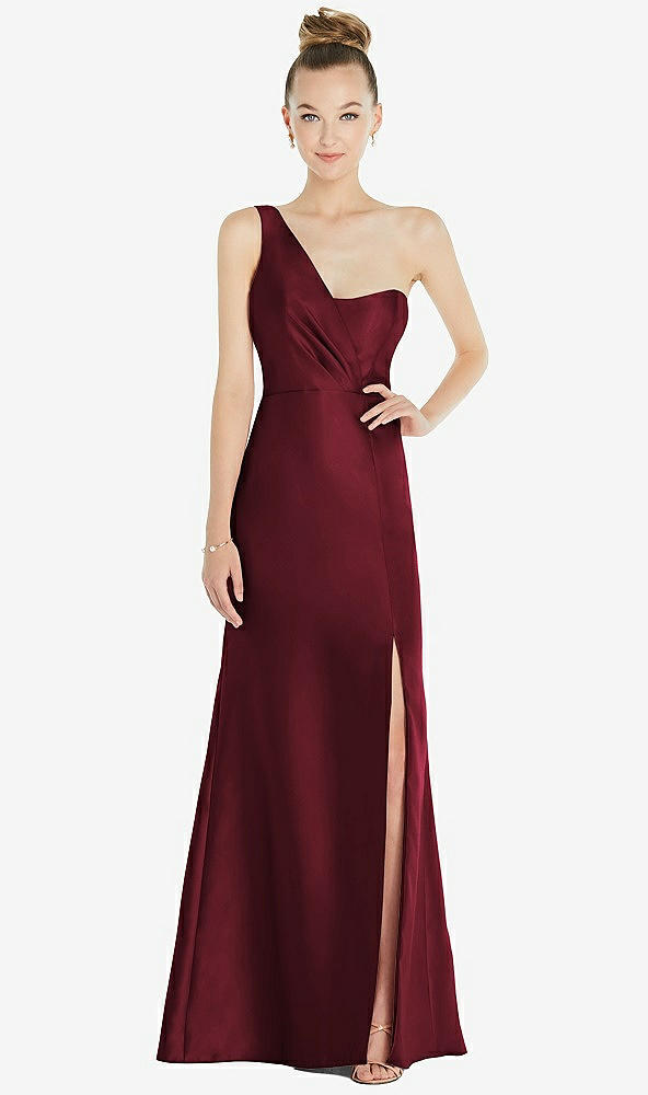 Front View - Cabernet Draped One-Shoulder Satin Trumpet Gown with Front Slit