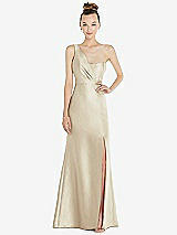Front View Thumbnail - Champagne Draped One-Shoulder Satin Trumpet Gown with Front Slit