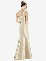 Rear View Thumbnail - Champagne Draped One-Shoulder Satin Trumpet Gown with Front Slit