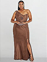 Alt View 1 Thumbnail - Cognac Draped One-Shoulder Satin Trumpet Gown with Front Slit