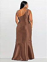 Alt View 2 Thumbnail - Cognac Draped One-Shoulder Satin Trumpet Gown with Front Slit