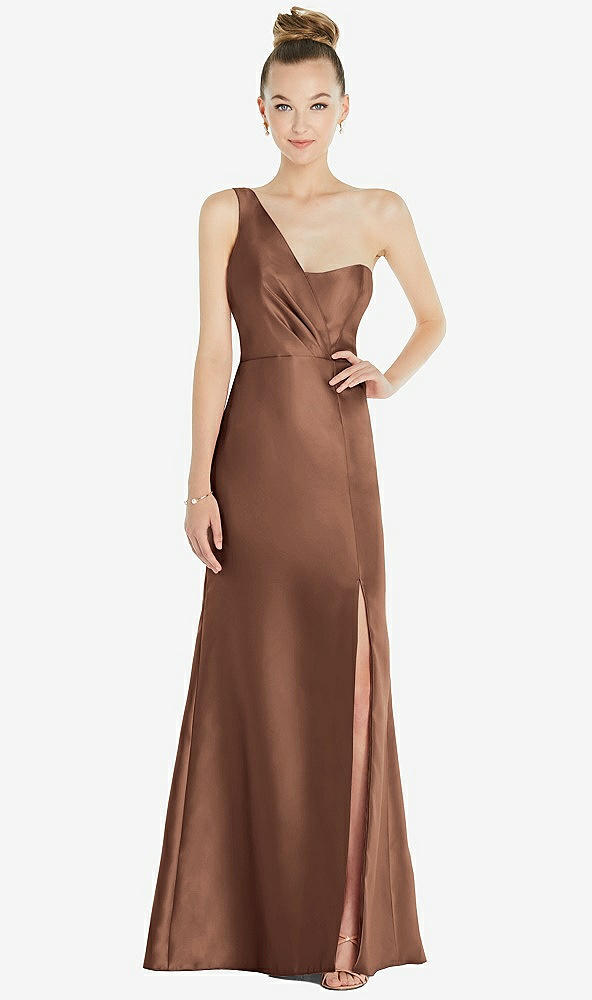 Front View - Cognac Draped One-Shoulder Satin Trumpet Gown with Front Slit