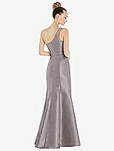 Rear View Thumbnail - Cashmere Gray Draped One-Shoulder Satin Trumpet Gown with Front Slit