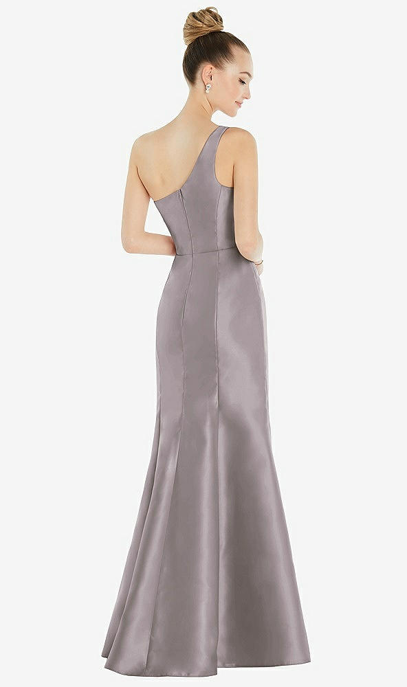 Back View - Cashmere Gray Draped One-Shoulder Satin Trumpet Gown with Front Slit
