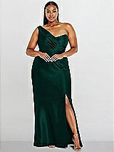 Alt View 1 Thumbnail - Evergreen Draped One-Shoulder Satin Trumpet Gown with Front Slit