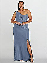 Alt View 1 Thumbnail - Larkspur Blue Draped One-Shoulder Satin Trumpet Gown with Front Slit