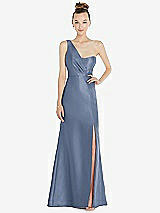 Front View Thumbnail - Larkspur Blue Draped One-Shoulder Satin Trumpet Gown with Front Slit