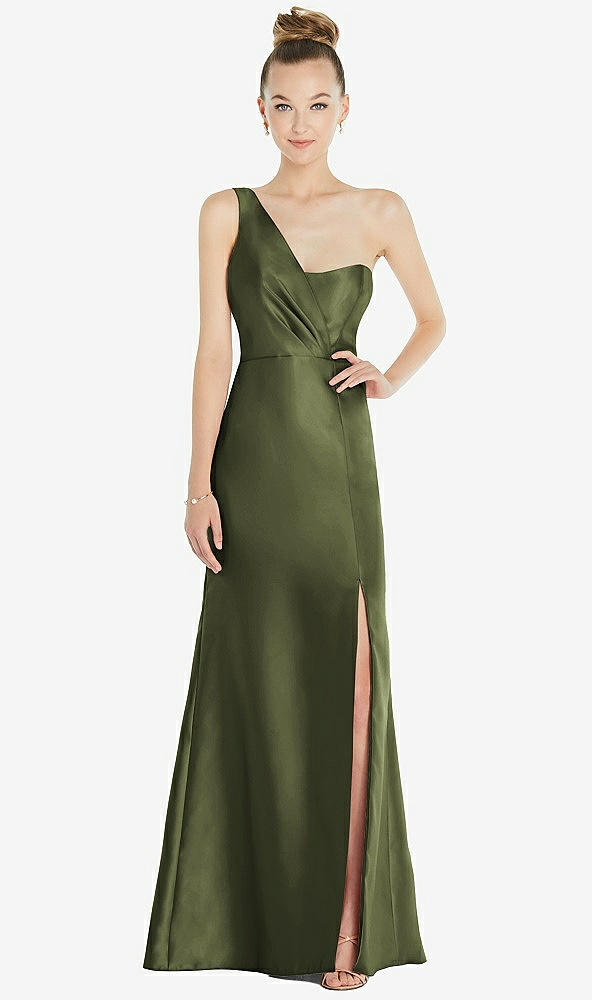 Front View - Olive Green Draped One-Shoulder Satin Trumpet Gown with Front Slit
