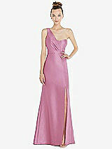 Front View Thumbnail - Powder Pink Draped One-Shoulder Satin Trumpet Gown with Front Slit