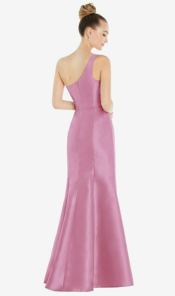 Back View - Powder Pink Draped One-Shoulder Satin Trumpet Gown with Front Slit