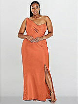 Alt View 1 Thumbnail - Portofino Orange Draped One-Shoulder Satin Trumpet Gown with Front Slit