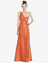 Front View Thumbnail - Portofino Orange Draped One-Shoulder Satin Trumpet Gown with Front Slit