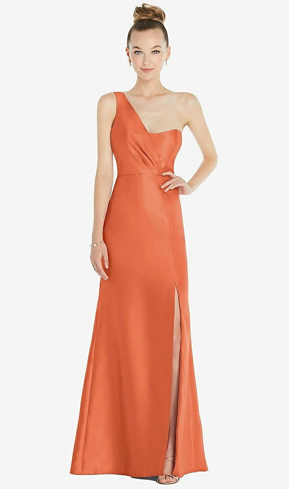 Front View - Portofino Orange Draped One-Shoulder Satin Trumpet Gown with Front Slit