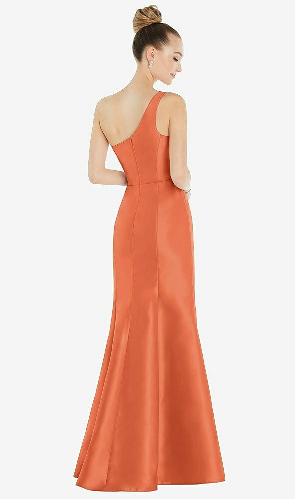 Back View - Portofino Orange Draped One-Shoulder Satin Trumpet Gown with Front Slit