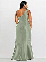 Alt View 2 Thumbnail - Sage Draped One-Shoulder Satin Trumpet Gown with Front Slit