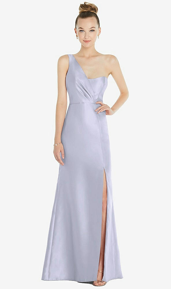 Front View - Silver Dove Draped One-Shoulder Satin Trumpet Gown with Front Slit