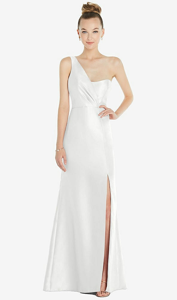 Front View - White Draped One-Shoulder Satin Trumpet Gown with Front Slit
