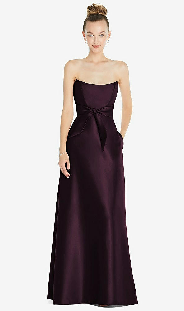 Front View - Deep Plum Basque-Neck Strapless Satin Gown with Mini Sash