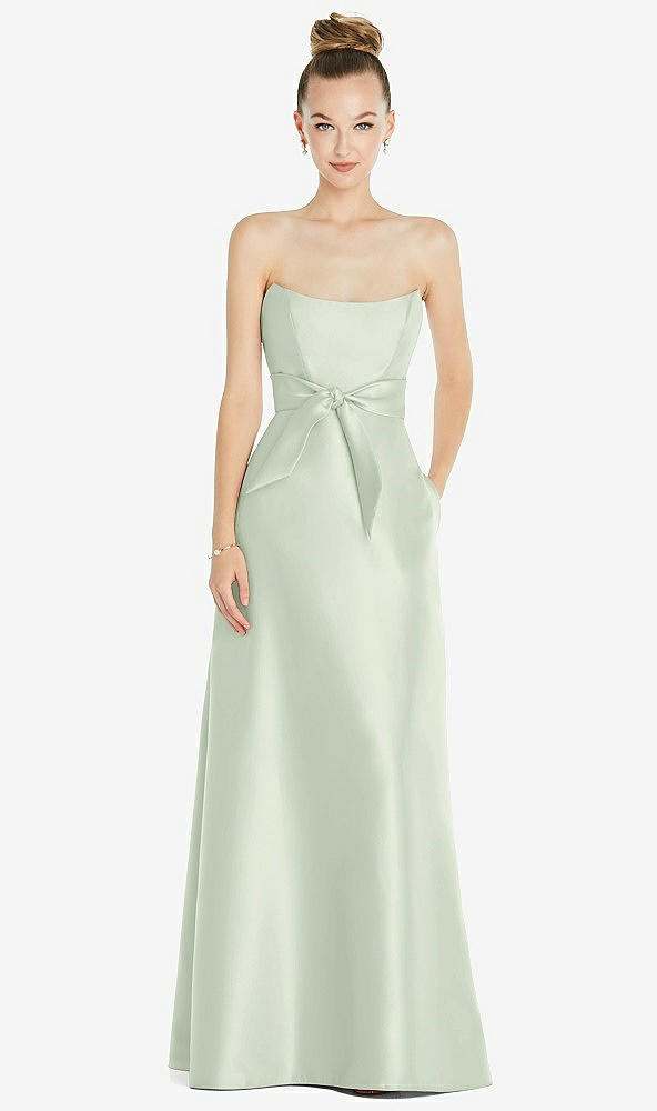 Front View - Mint Green Basque-Neck Strapless Satin Gown with Mini Sash